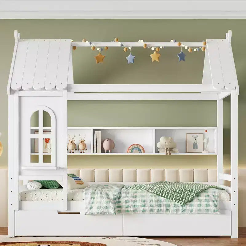 Haus-Plattformbett mit Aufbewahrungsschubladen und Fenster, Massivholzrahmen mit Regalen, kindgerechtes, lustiges Design, Hellweiß