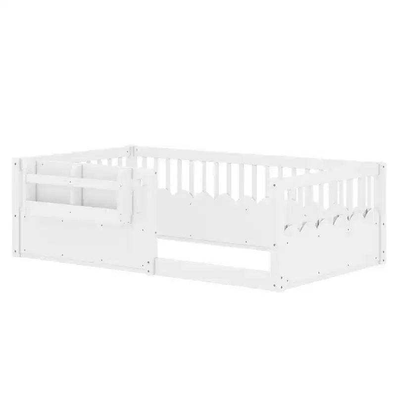 Bellemave Kinder-Bodenbett mit erhöhtem Zaun und Bücherregal, hölzernes Montessori-Bettgestell in Twin-Größe für Mädchen und Jungen