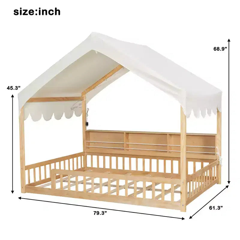 Whisen Vollholz-Bettgestell, Hausbett mit Zaun, 3 Aufbewahrungsregale, Vorhang