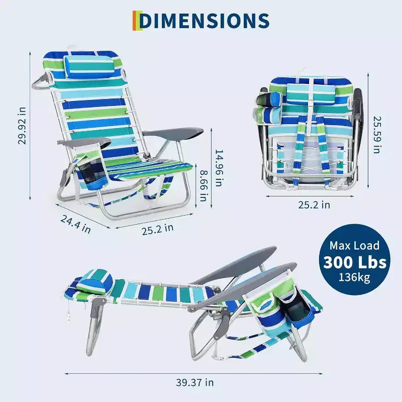 Acekool 2er-Pack leichter Rucksack-Strandstuhl, faltbarer Liegestuhl mit 5 Positionen für Erwachsene mit Gurten, Getränkehalter und Handtuchstange, belastbar bis 136 kg