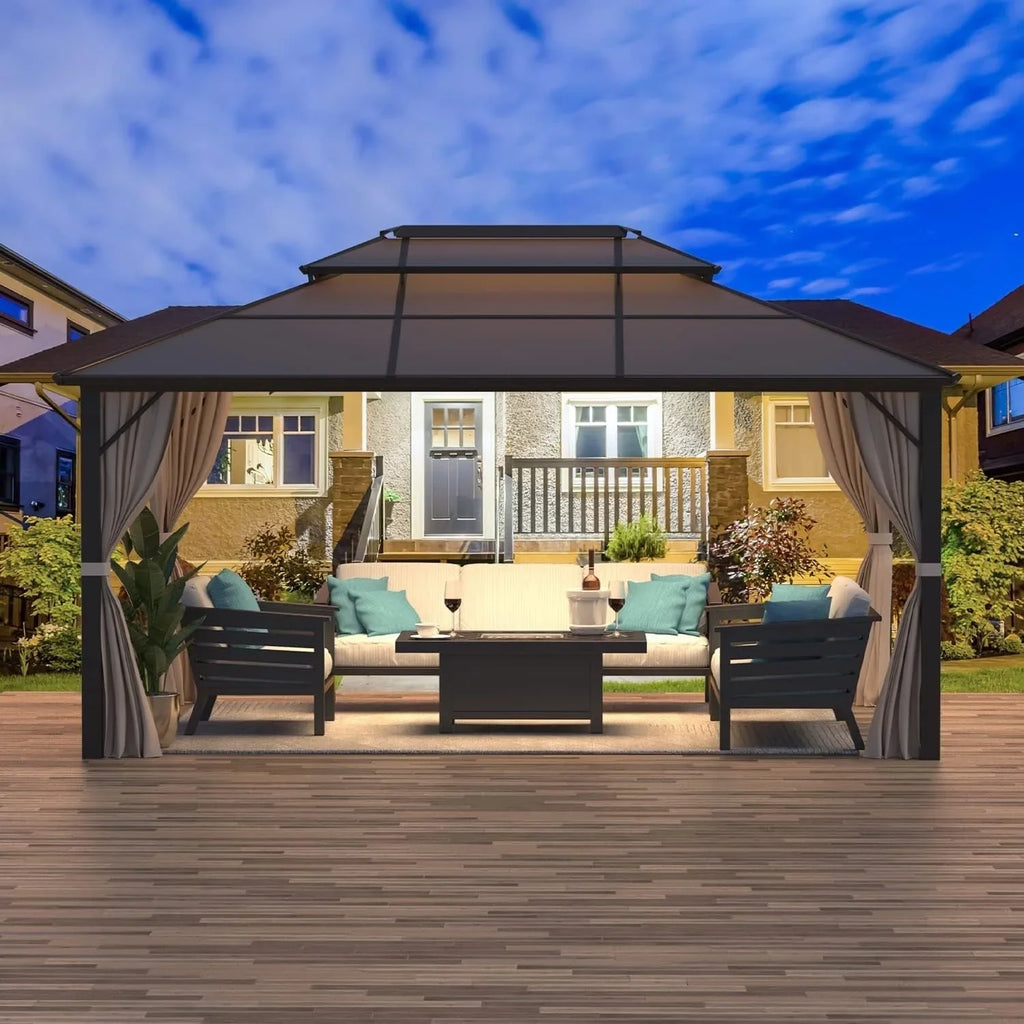 EROMMY Hardtop-Pavillon, Outdoor-Pergola mit Doppeldach & Netzen & Vorhängen, Hochleistungs-Canopy für Terrasse, Garten, Poolparty