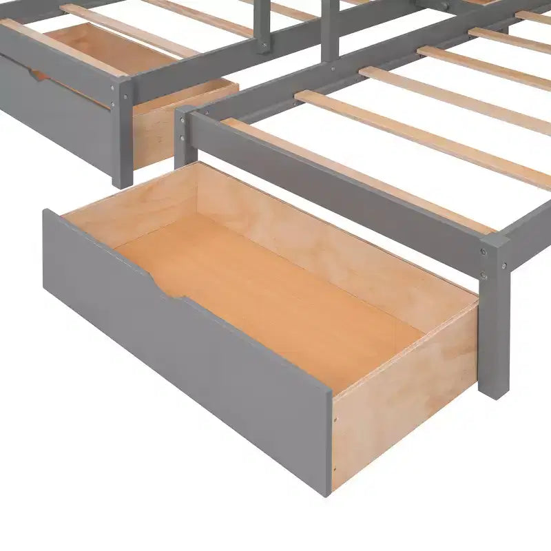 Whisen Etagenbett mit Doppelbett oben und zwei Einzelbetten unten, dreifaches Etagenbett aus Holz mit Schubladen und Schutzgittern