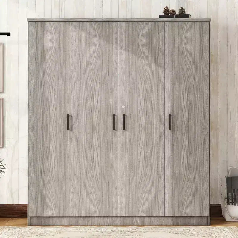 Holz-Kleiderschrank mit 4 Türen, Kleiderstange, 1 Schublade und Ablagefächern