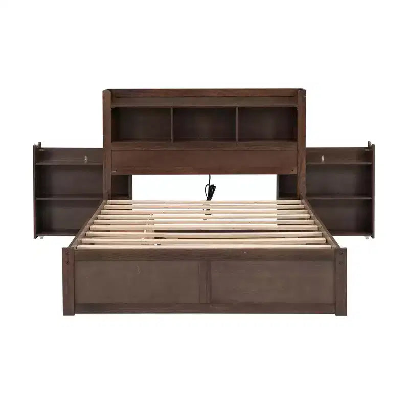 Plattformbett in voller Größe mit Stauraum, Ausziehbett, Kopfteil mit Bücherregal und Ladestation, Bettgestell aus Holz in voller Größe mit Regalen und Schubladen