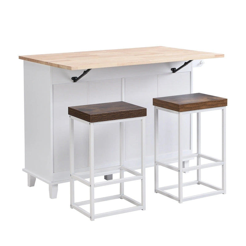 TOPMAX Kücheninsel-Set mit Klappplatte und 2 Sitzgelegenheiten, Esszimmertisch-Set mit verstellbarem Regal, Schubladen und Handtuchhalter