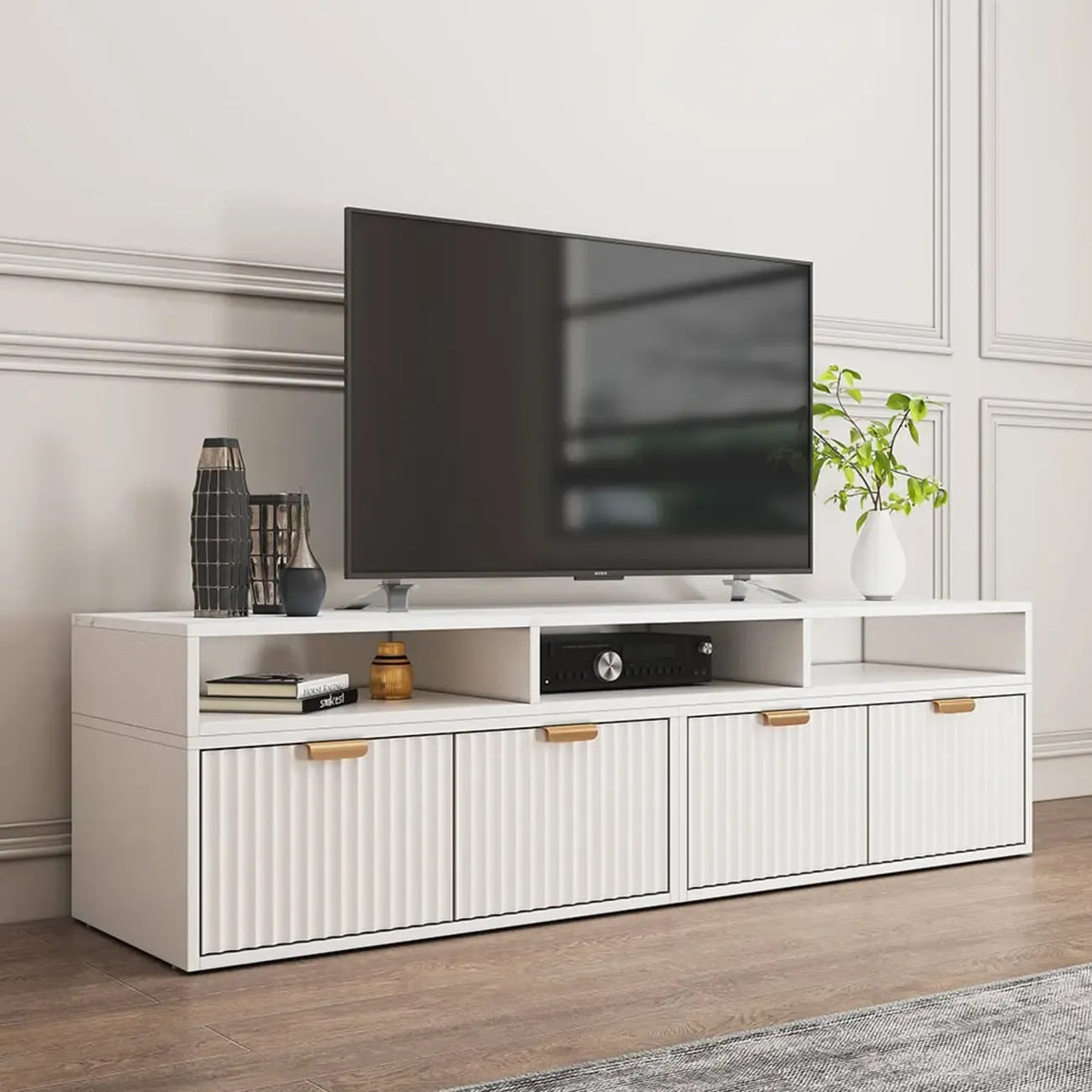 Moderner, weißer TV-Eckschrank mit 2 Schubladen und offenem Stauraum