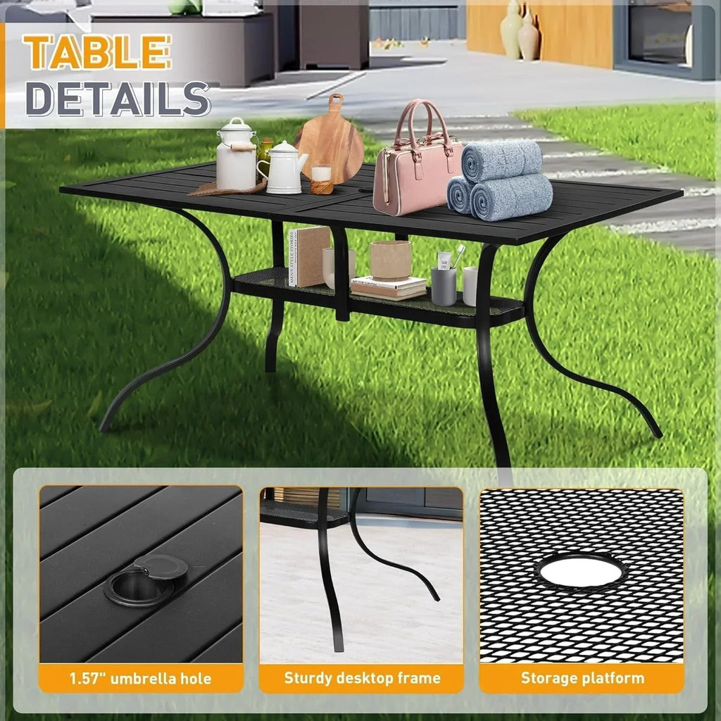 SUNCROWN Garten-Essgruppe 5/7-teilig, Stahl, Tisch mit Metalllatten und stapelbaren Stühlen, pulverbeschichteter Rahmen