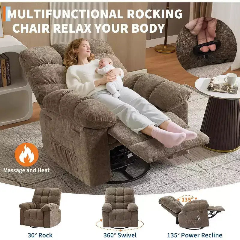Massage-Liegesessel mit Heizfunktion – 360° drehbarer Schaukelstuhl, überdimensioniertes Einzelsitzer-Sofa mit Vibration, USB-Anschluss und Aufbewahrungstaschen für Wohnzimmer/Schlafzimmer