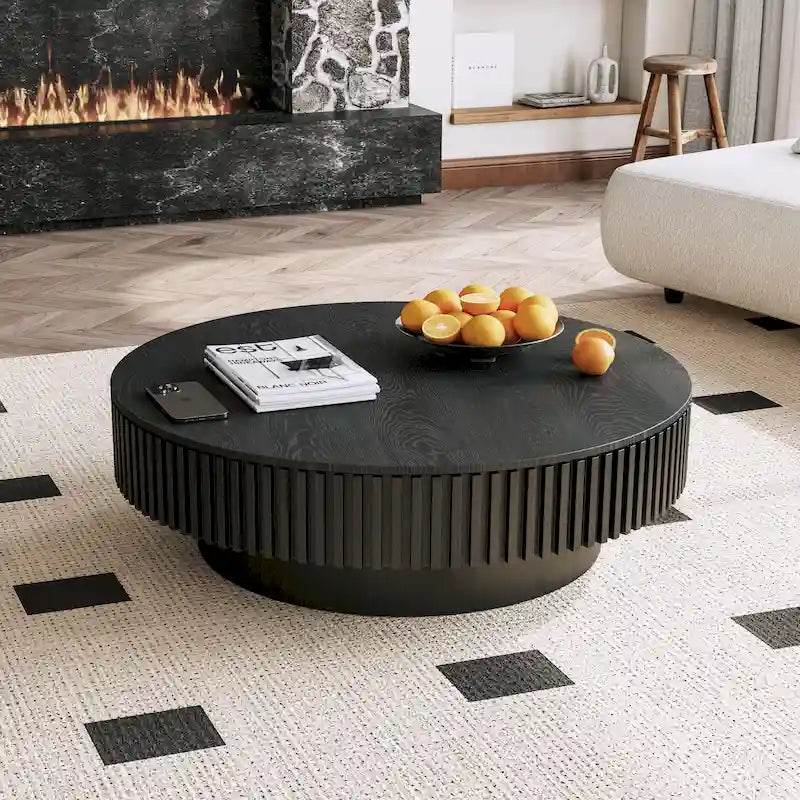 Moderner runder Couch-/Teetisch aus massivholzfurniertem Holz mit Stauraum
