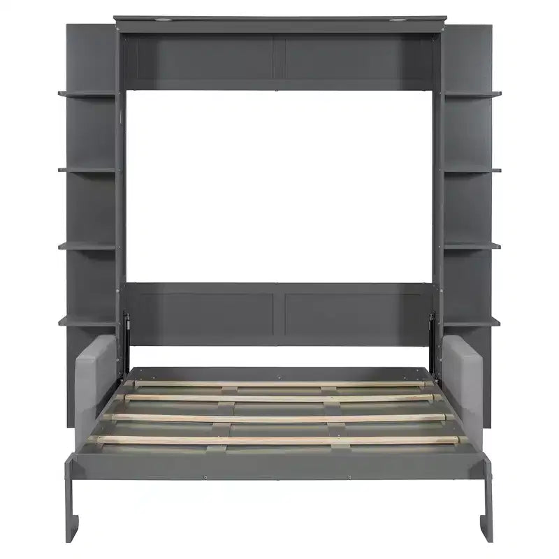 Whisen Modern Design Queen-Size Schrankbett mit Holzrahmen, Sofa und Regalen