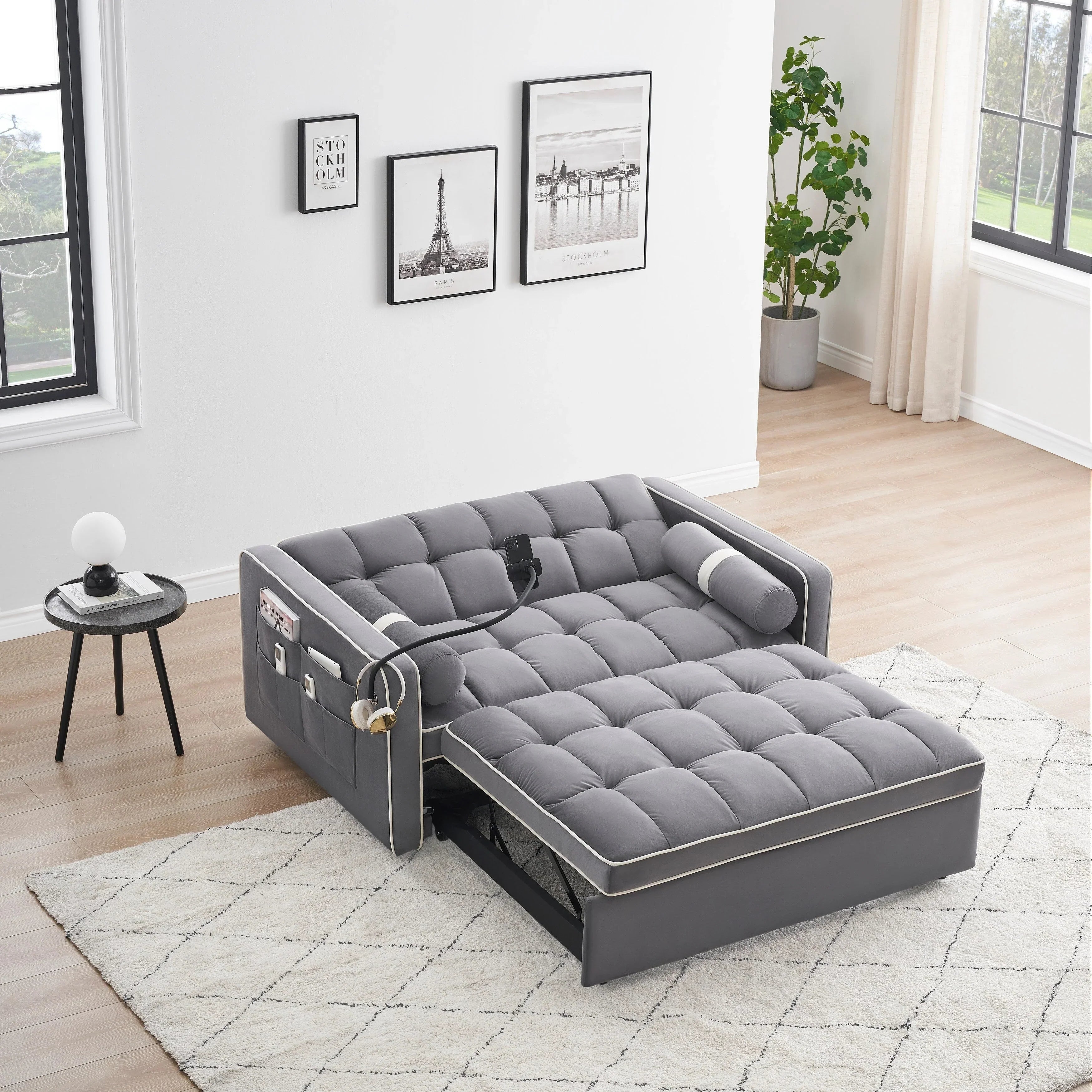 Samt-Schlafsofa zum Umbauen, 140 cm, 2-Sitzer, mit Ausziehbett, verstellbarer Rückenlehne, Seitentaschen und Handyhalterung
