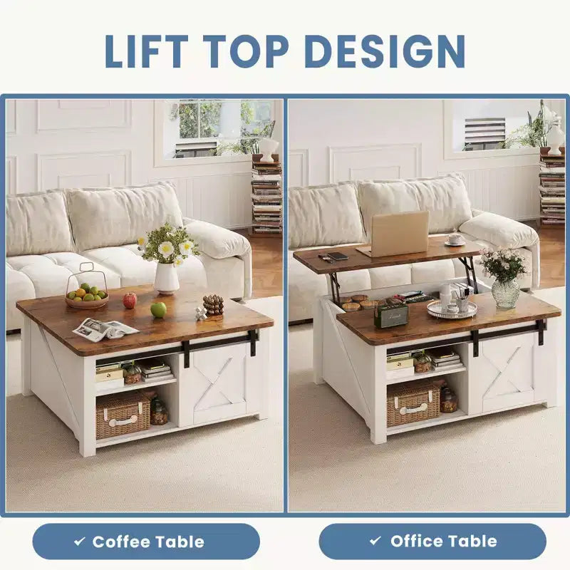 JIONJOY 31.5 Couchtisch mit anhebbarer Platte und großem verstecktem Stauraum, verstellbaren Regalböden, quadratischer Beistelltisch im Landhausstil für Wohnzimmer, kleine Räume