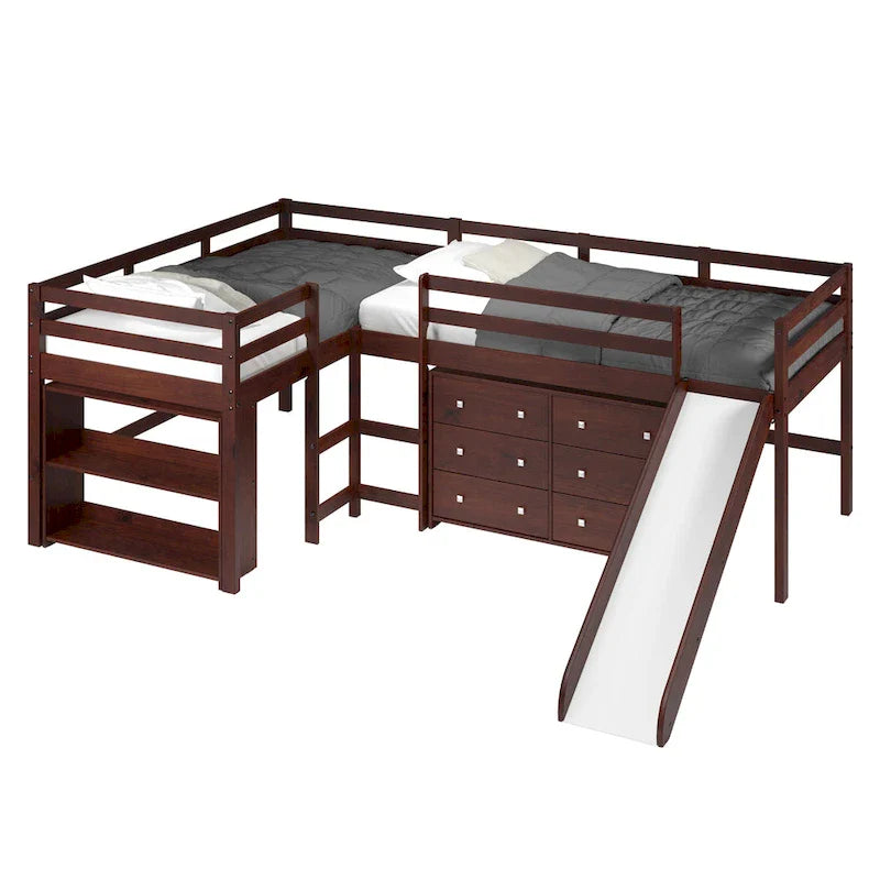 Doppeltes L-förmiges Etagenbett mit Rutsche und Schlafzimmermöbel-Set in dunklem Cappuccino