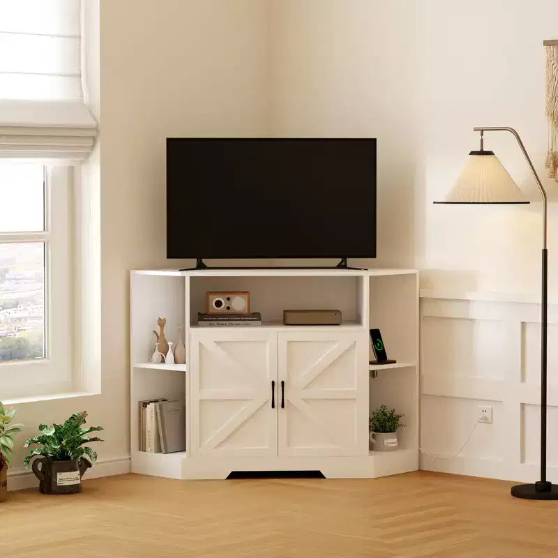 Eck-TV-Ständer für Fernseher bis 55 Zoll, Bauernhaus-Mediakonsole mit Scheunentüren, offenen Regalen und Aufbewahrungsschrank, Weiß