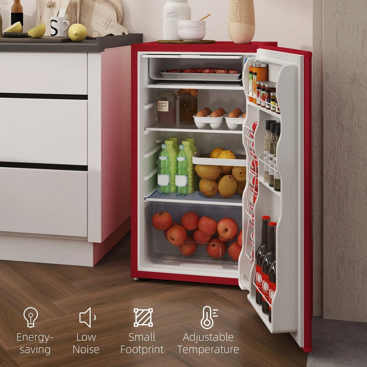 HOMCOM 90L Mini-Kühlschrank mit Gefrierfach, Kompakter Kühlschrank mit einer Tür und einstellbarem Thermostat für Schlafzimmer