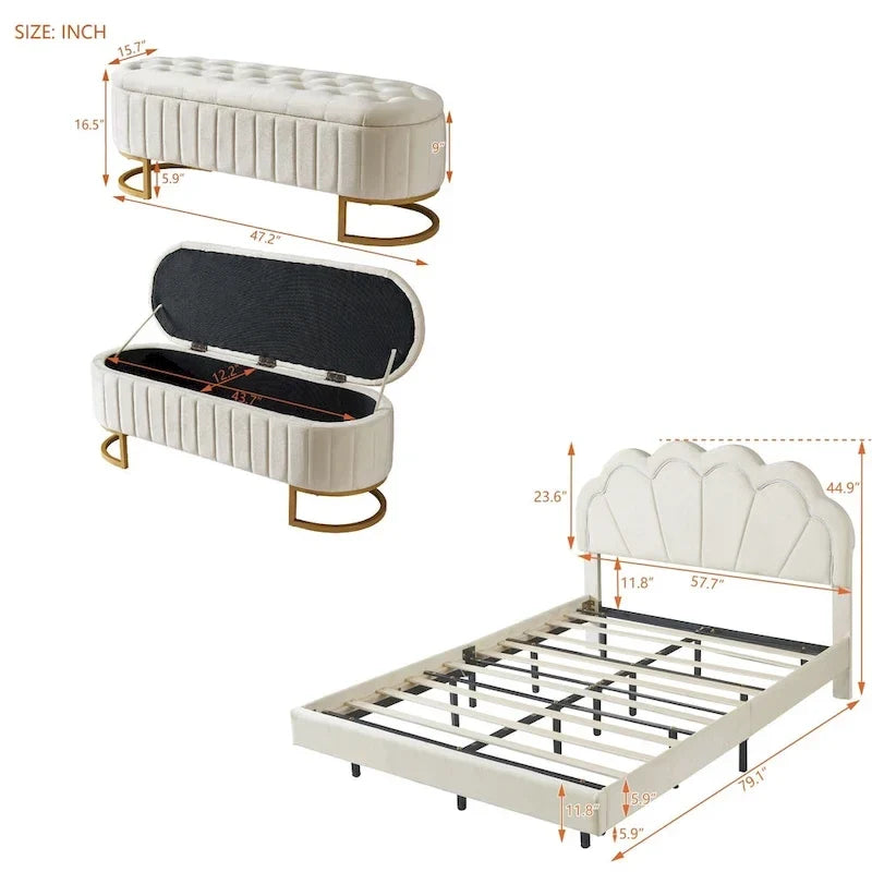 2-teiliges Schlafzimmerset mit LED-Podestbett in voller Größe und Stauraum-Ottomane