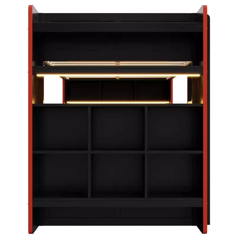Holz-Gaming-Etagenbett in voller Größe mit integriertem Schreibtisch, Ablageregalen, 7-farbiger LED-Beleuchtung und Ladestation, Schwarz - ModernLuxe