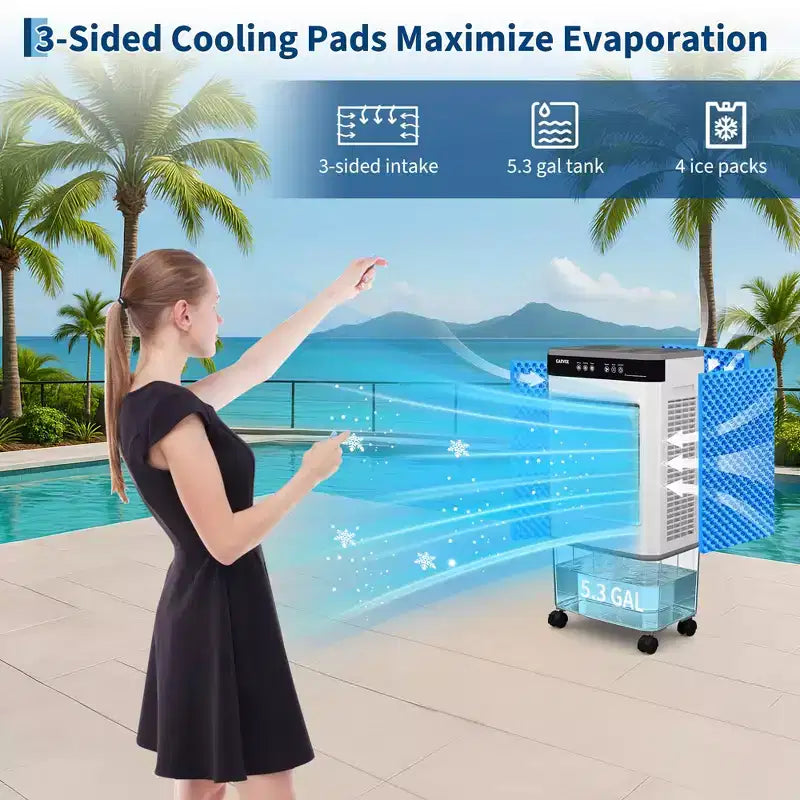 Luftkühler Verdunstungskühler mit Wassertank, 4 Kühlakkus, 3 Geschwindigkeiten, 120° Oszillation, Fernbedienung und 12-Stunden-Timer, 150W tragbarer Standklimaanlage