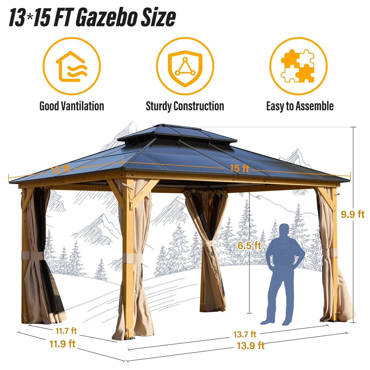 EROMMY Hardtop-Pavillon, Outdoor-Pergola mit Doppeldach & Netzen & Vorhängen, Hochleistungs-Canopy für Terrasse, Garten, Poolparty