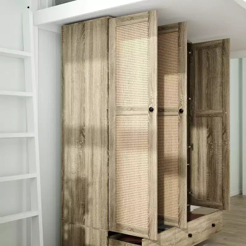 Famapy Rattan Kleiderschrank mit 3 Schubladen, 3 atmungsaktiven Rattan-Türen, Hochschrank im Bauernhausstil für das Schlafzimmer