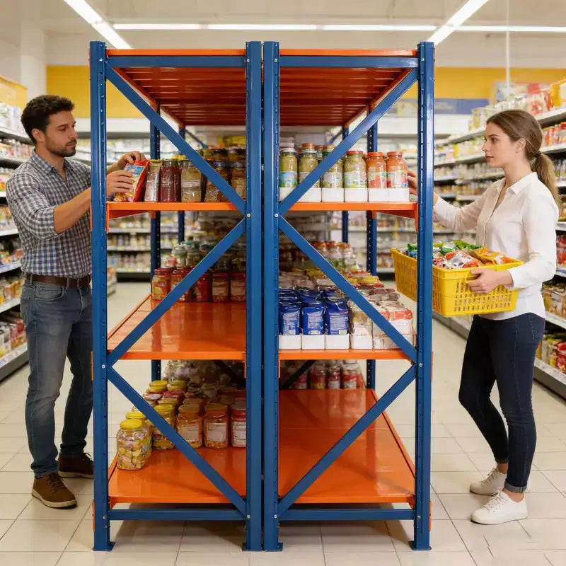 VIYET Schwerlast-Garagenregale, 4-stöckig, 2000 kg Tragkraft, verstellbares Metallregal, blau-orangefarbene Industrieregale für Geschäft/Werkzeuge/Fitnessstudio