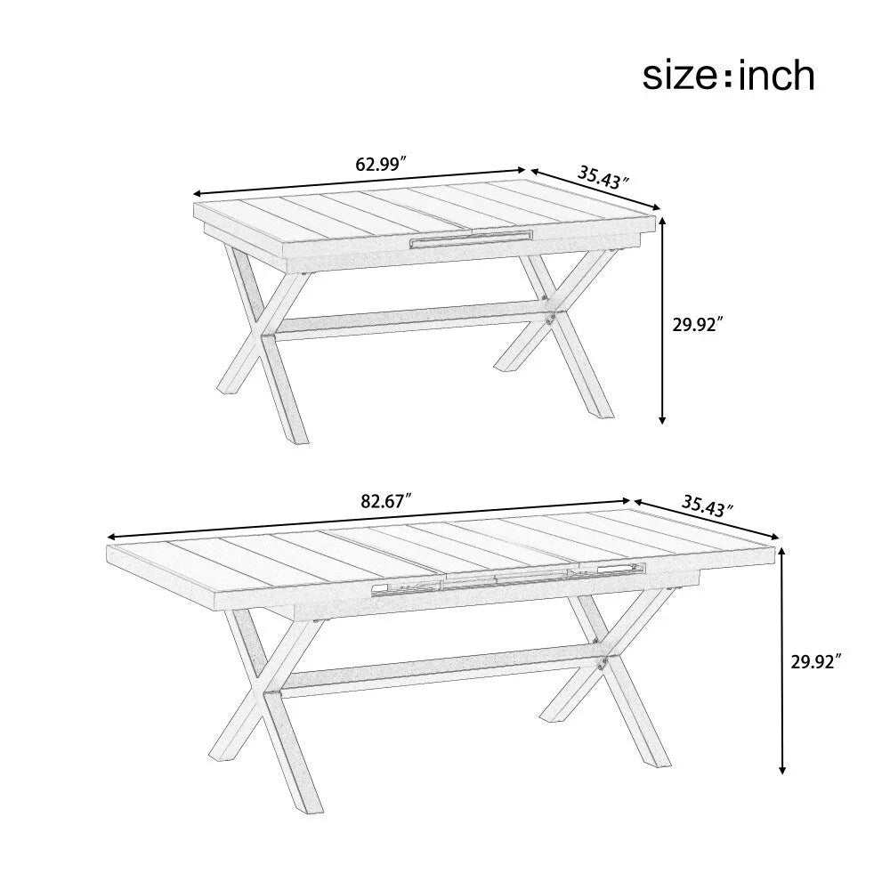 Modernes 7-teiliges Outdoor-Essgruppe mit sechs Stühlen und einem ausziehbaren Tisch für die Terrasse