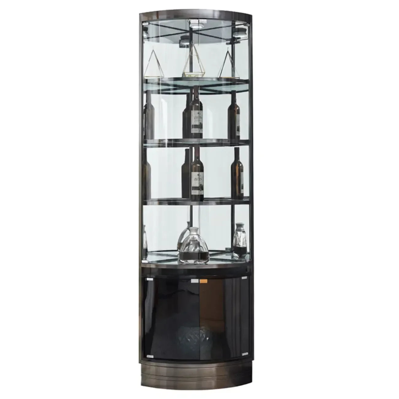 Eck-Weinregal aus Glas und Metall mit mehreren Ablageflächen