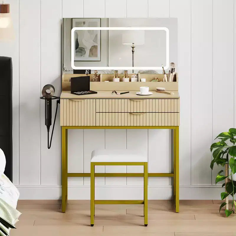 Schminktisch mit Spiegel und Beleuchtung, LED-Spiegeldesign, reichlich Schubladenstauraum für Kosmetik und Toilettenartikel