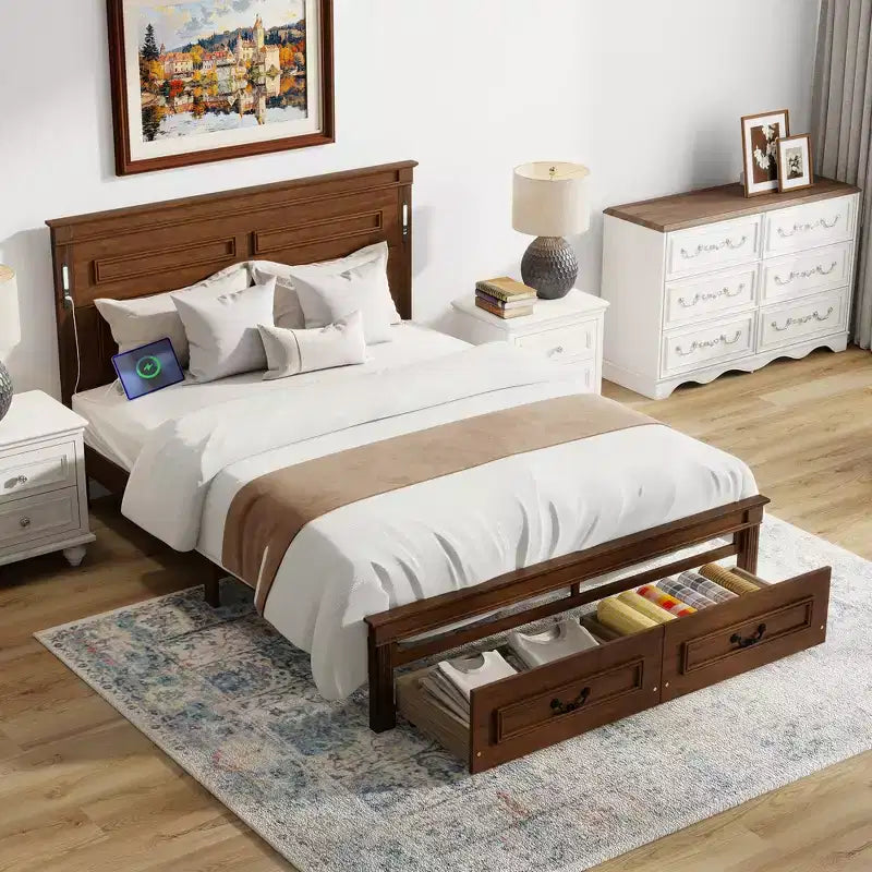 ModernLuxe Bettrahmen für Queensize-/Kingsize-Betten mit hohem Kopfteil, rustikales Holzbettgestell mit 2 Schubladen, LED-Beleuchtung und USB-Anschlüssen