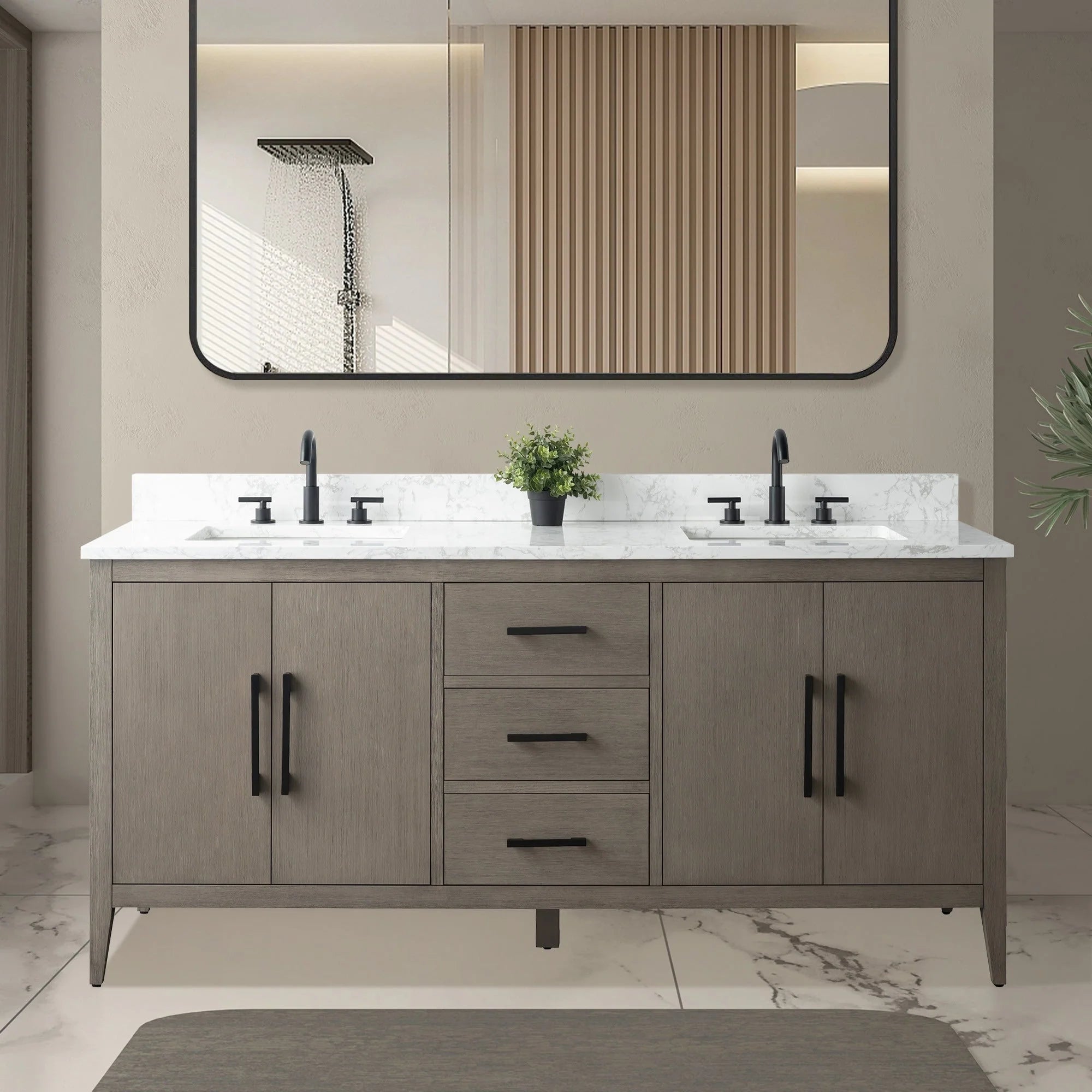 Vanity Art 72 Zoll Badezimmer-Waschtischunterschrank mit Doppelwaschbecken und Kunstmarmorplatte