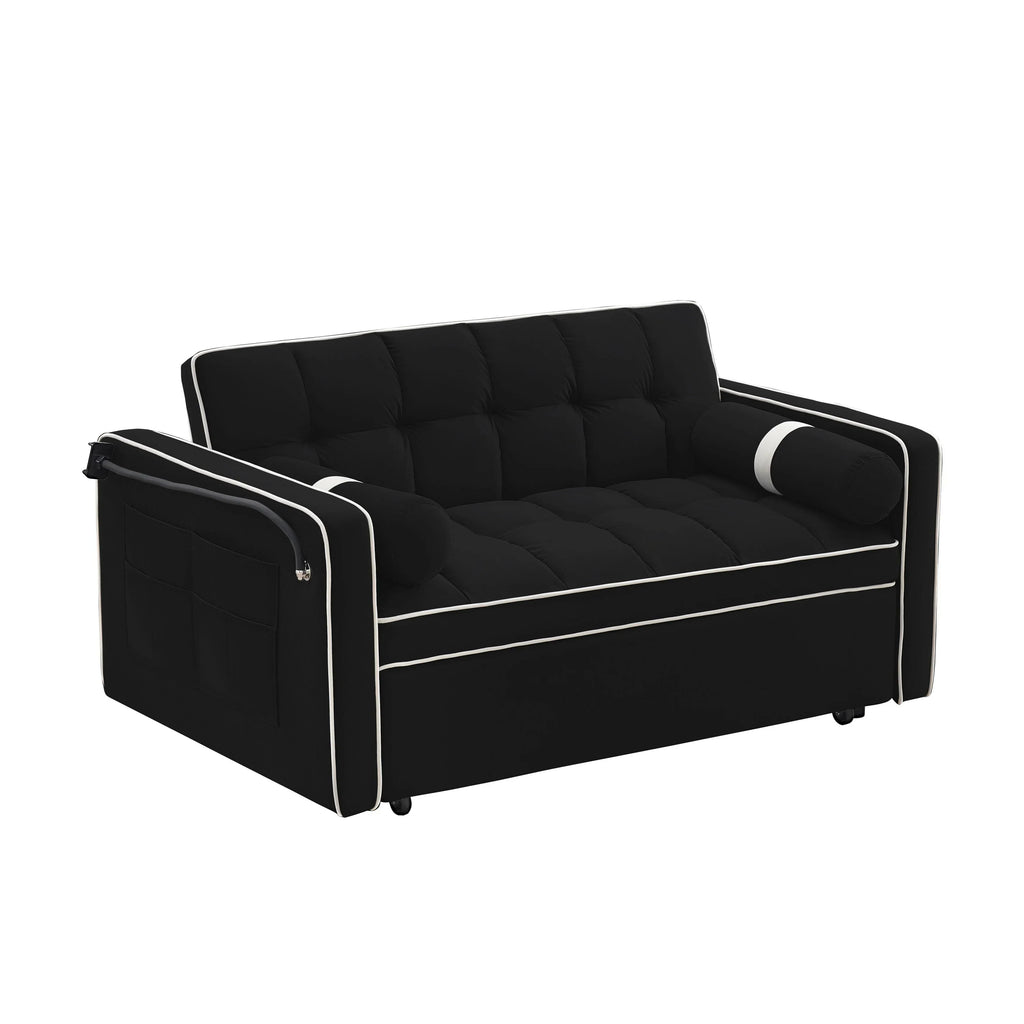 Samt-Schlafsofa zum Umbauen, 140 cm, 2-Sitzer, mit Ausziehbett, verstellbarer Rückenlehne, Seitentaschen und Handyhalterung