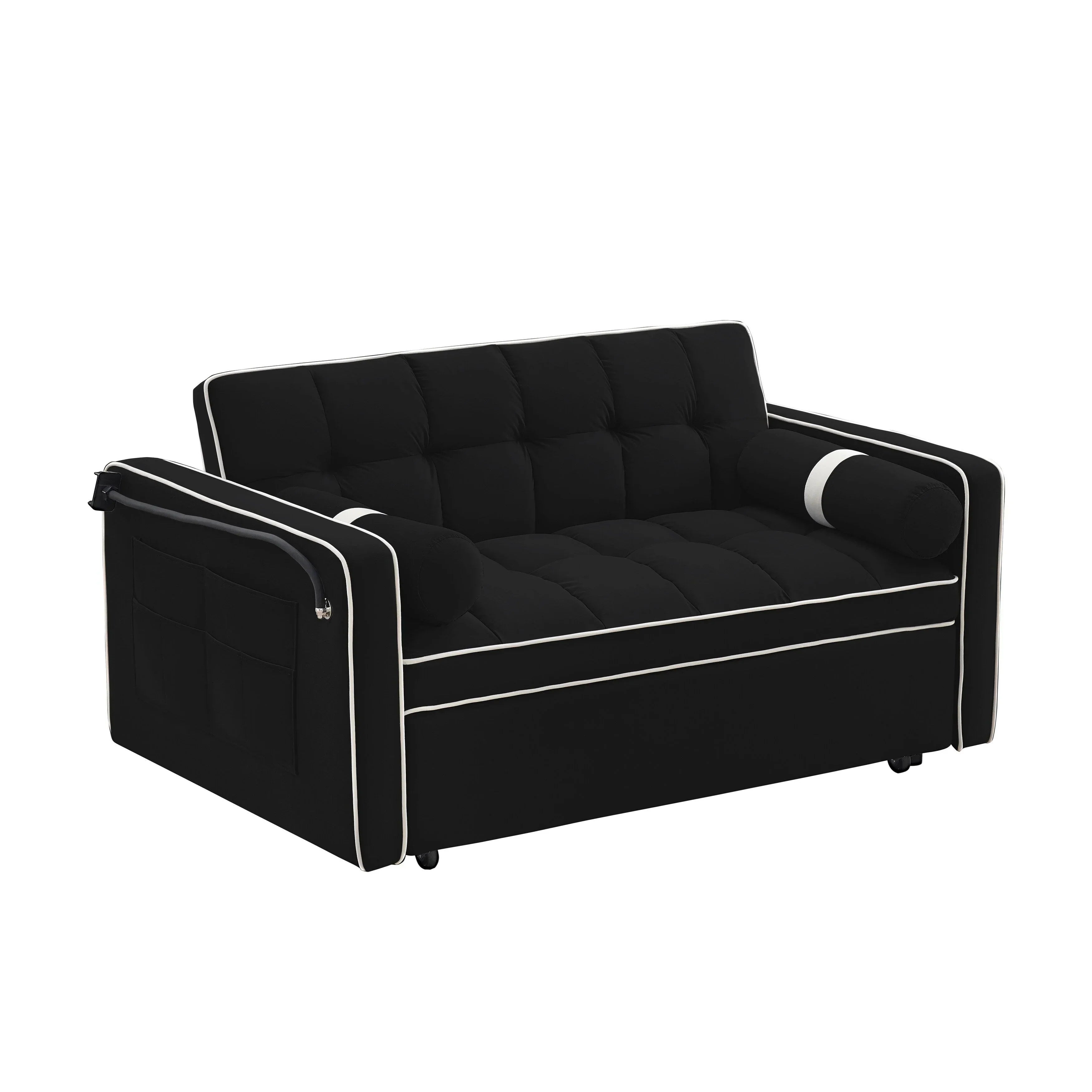 Samt-Schlafsofa zum Umbauen, 140 cm, 2-Sitzer, mit Ausziehbett, verstellbarer Rückenlehne, Seitentaschen und Handyhalterung