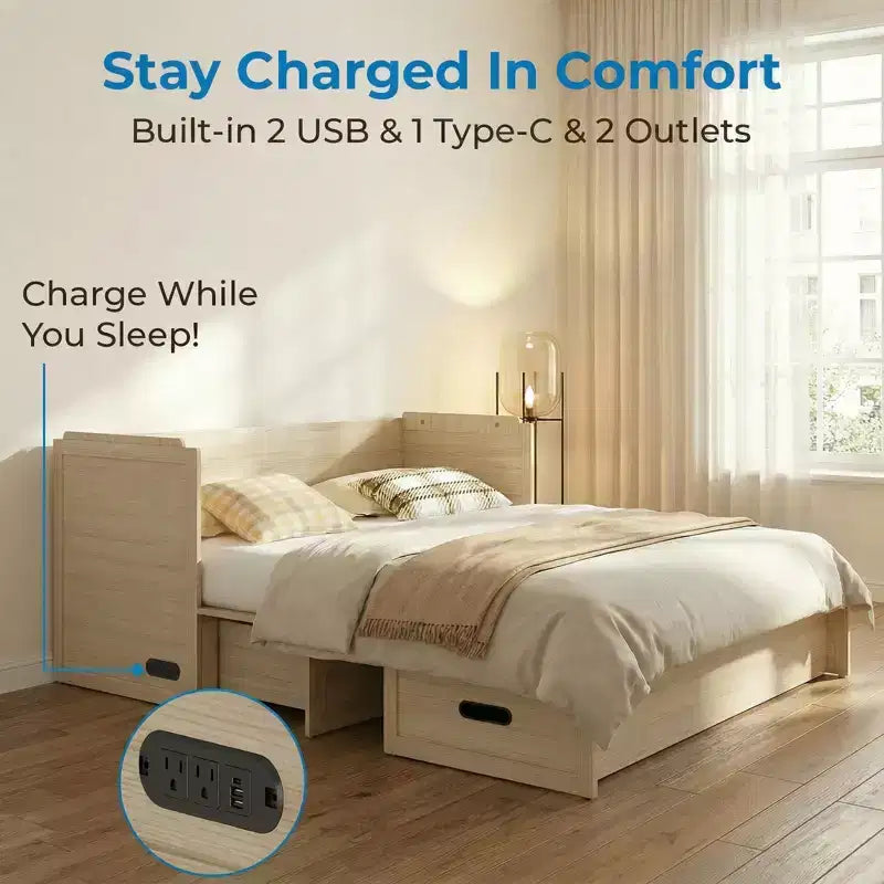 Mjkone Queen-Size-Schrankbett mit Matratze, USB-Ladeanschluss und Aufbewahrungsschubladen