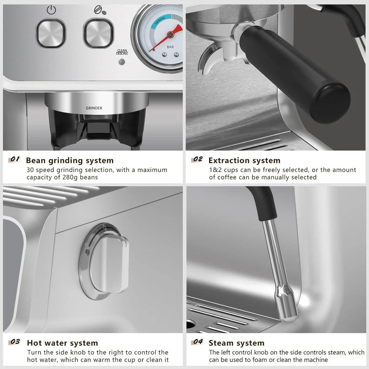 Halbautomatische Kaffeemaschine mit intelligenter Temperaturregelung und Heißwasserfunktion, 30 Mahlgradeinstellungen