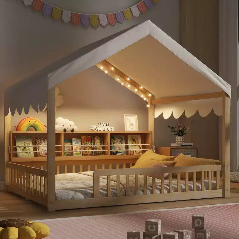 Whisen Vollholz-Bettgestell, Hausbett mit Zaun, 3 Aufbewahrungsregale, Vorhang