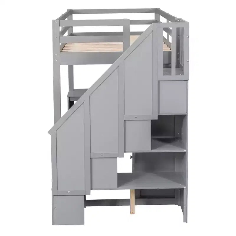 Hochbett in Twin-Größe mit L-förmigem Schreibtisch, 3 Schubladen, Schrank, Treppenstauraum, aus massivem Kiefernholz/MDF gefertigt