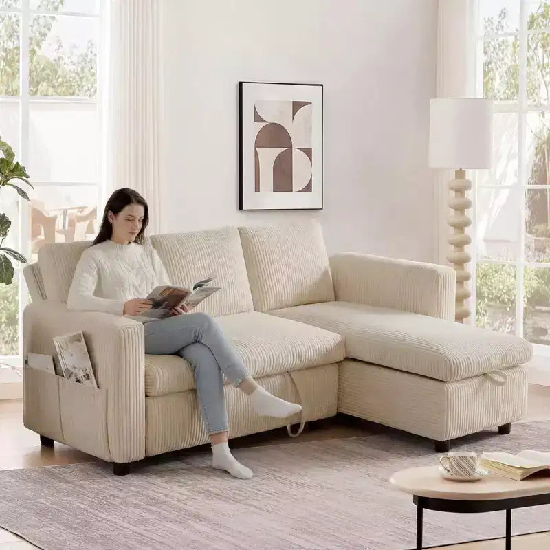 Dyonery 2-in-1 Schlafsofa ausziehbar mit Stauraum-Recamiere, Cord-Ecksofa mit USB-Anschlüssen für das Wohnzimmer