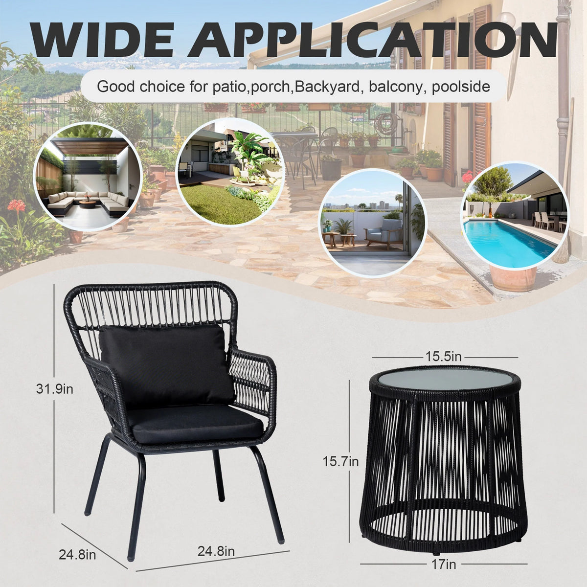 3-teiliges Outdoor-Bistro-Set aus Korbstühlen, witterungsbeständige Rattanmöbel-Sitzgruppe mit Kissen