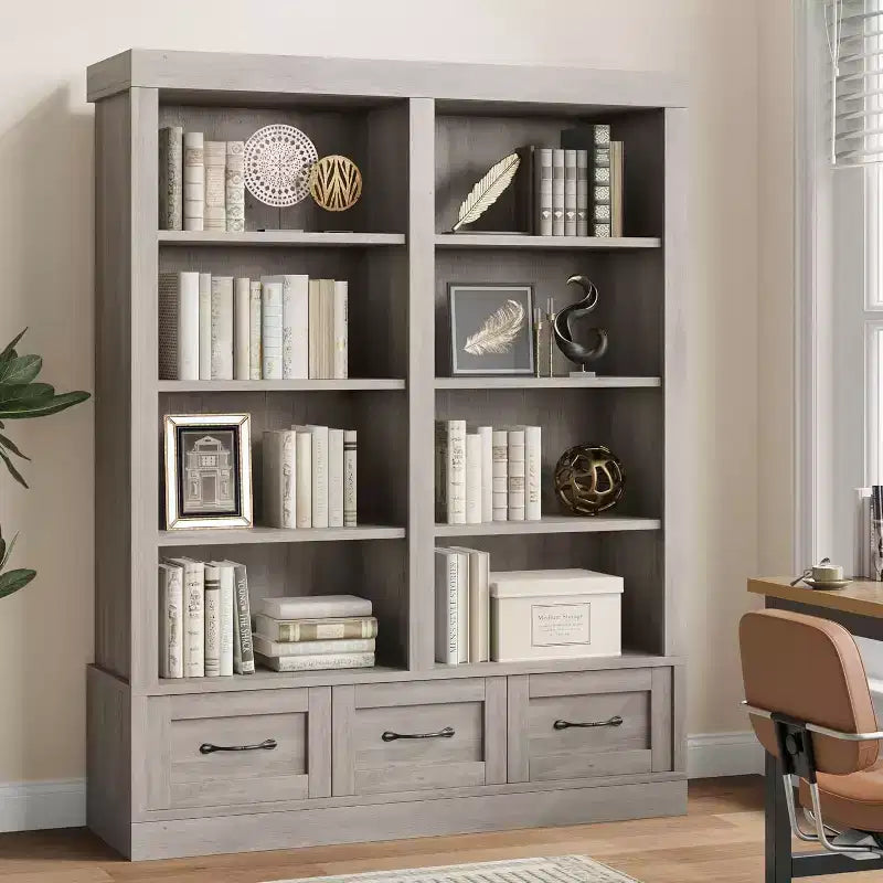 64 H Bücherregale und Bücherschränke, Bücherregal mit 3 Schubladen, 4-lagiges doppelt breites offenes Regal für Büro Wohnzimmer
