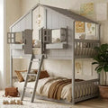 Doppel-Loftbett in Hausform, Holzspielhaus-Loftbett mit Leiter und Schutzgittern für Kinder