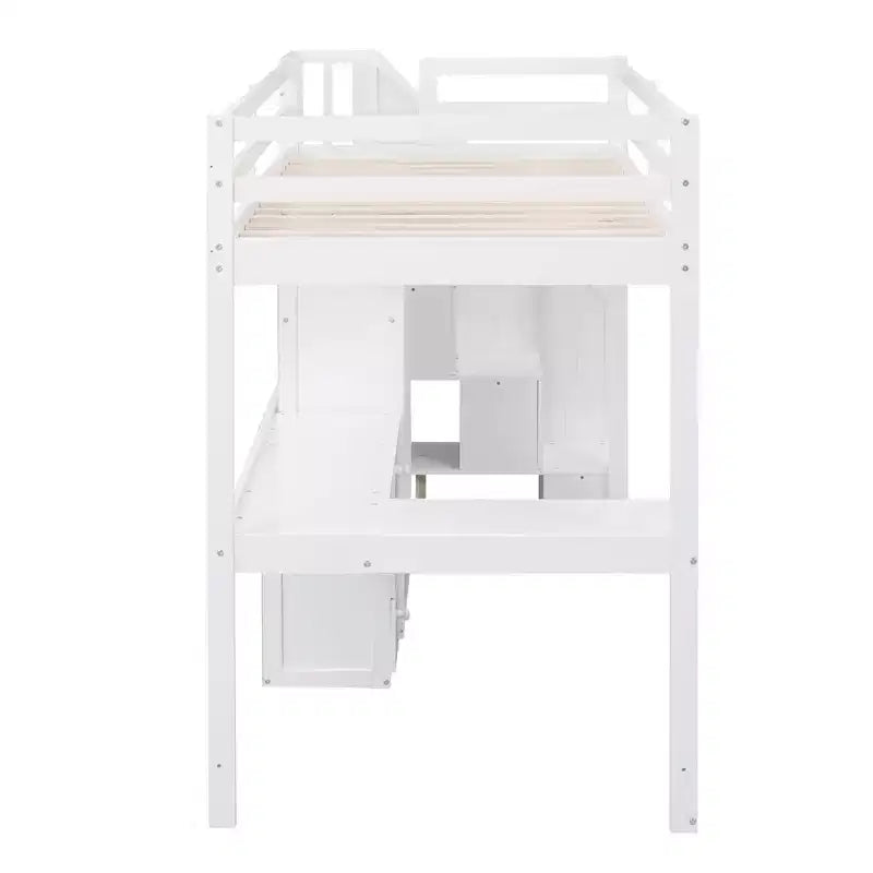 Hochbett in Twin-Größe mit L-förmigem Schreibtisch, 3 Schubladen, Schrank, Treppenstauraum, aus massivem Kiefernholz/MDF gefertigt