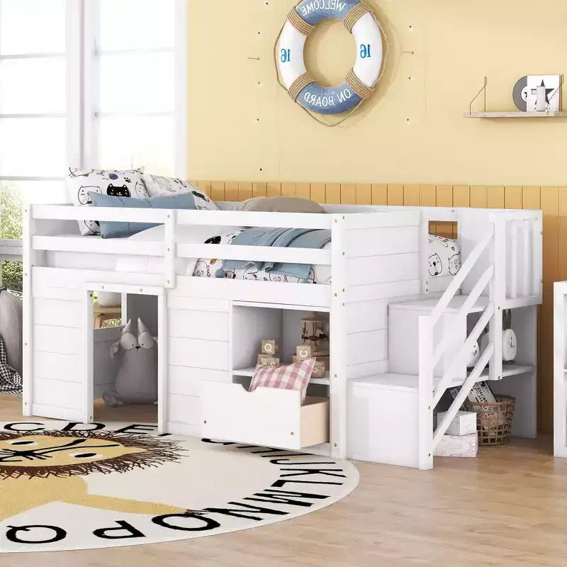Okak Massivholz-Hochbett mit Treppe & Stauraum, Niedriges Etagenbett mit Schubladen & Regalen, Multifunktionales Hochbett für Kinder, Jugendliche