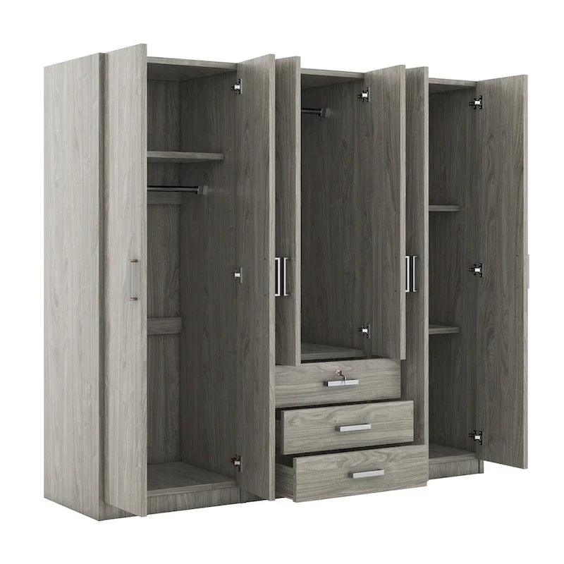 6-türiger Holz-Kleiderschrank mit 3 großen Schubladen für das Schlafzimmer