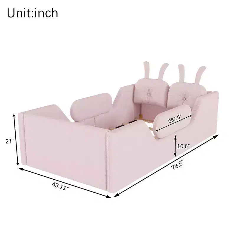 Whisen Twin Plattformbett, Kinder-Bodenpolsterbettgestell mit Hasenkissen, abnehmbare Seitengitter