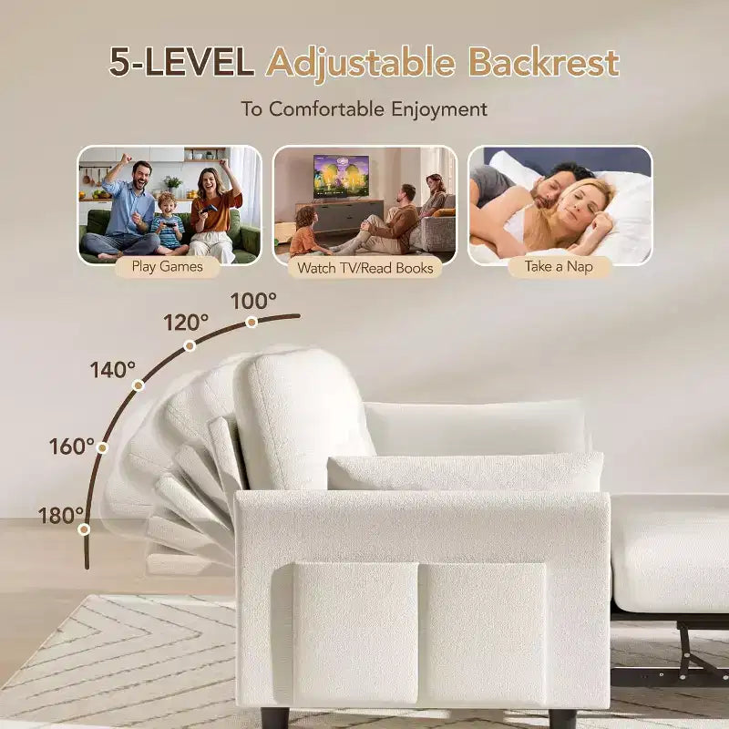 Dyonery 3-in-1 Schlafsofa, ausziehbares Schlafsofa mit Seitentasche und verstellbarer Rückenlehne, werkzeuglose Montage, faltbares Liebessofa