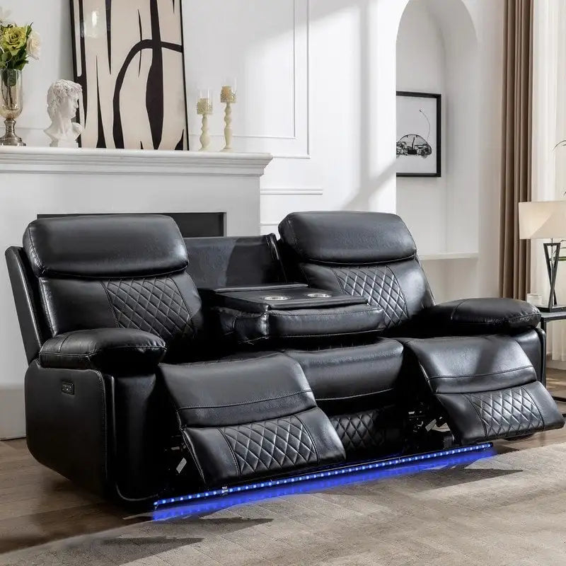Elektrisches Liegesofa mit kabelloser Ladestation, Leselampe, LED-Beleuchtung für Wohnzimmer, Kunstleder, AC-/USB-Anschluss, Getränkehalter, Schwarz