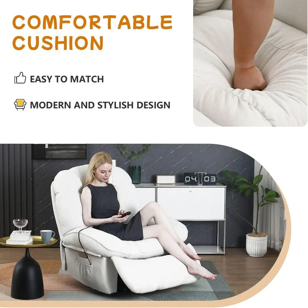 XINMICS Drehbarer elektrischer Relaxsessel, Massage-Schaukel-Liegesessel mit Heizfunktion, USB, USB-C und Seitentasche