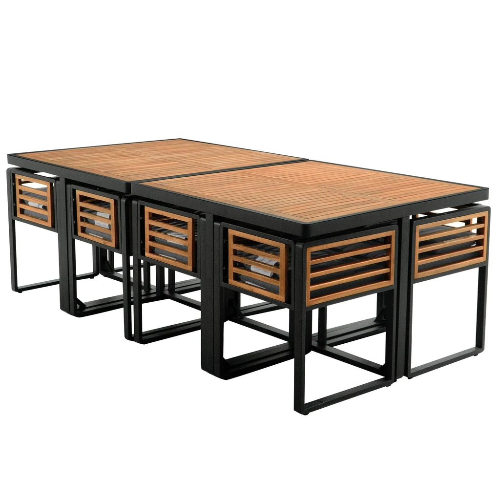 18-teiliges Terrassen-Essgruppen-Set aus Akazienholz, 8 gepolsterte Stühle & 8 Hocker & 2 quadratische Tische