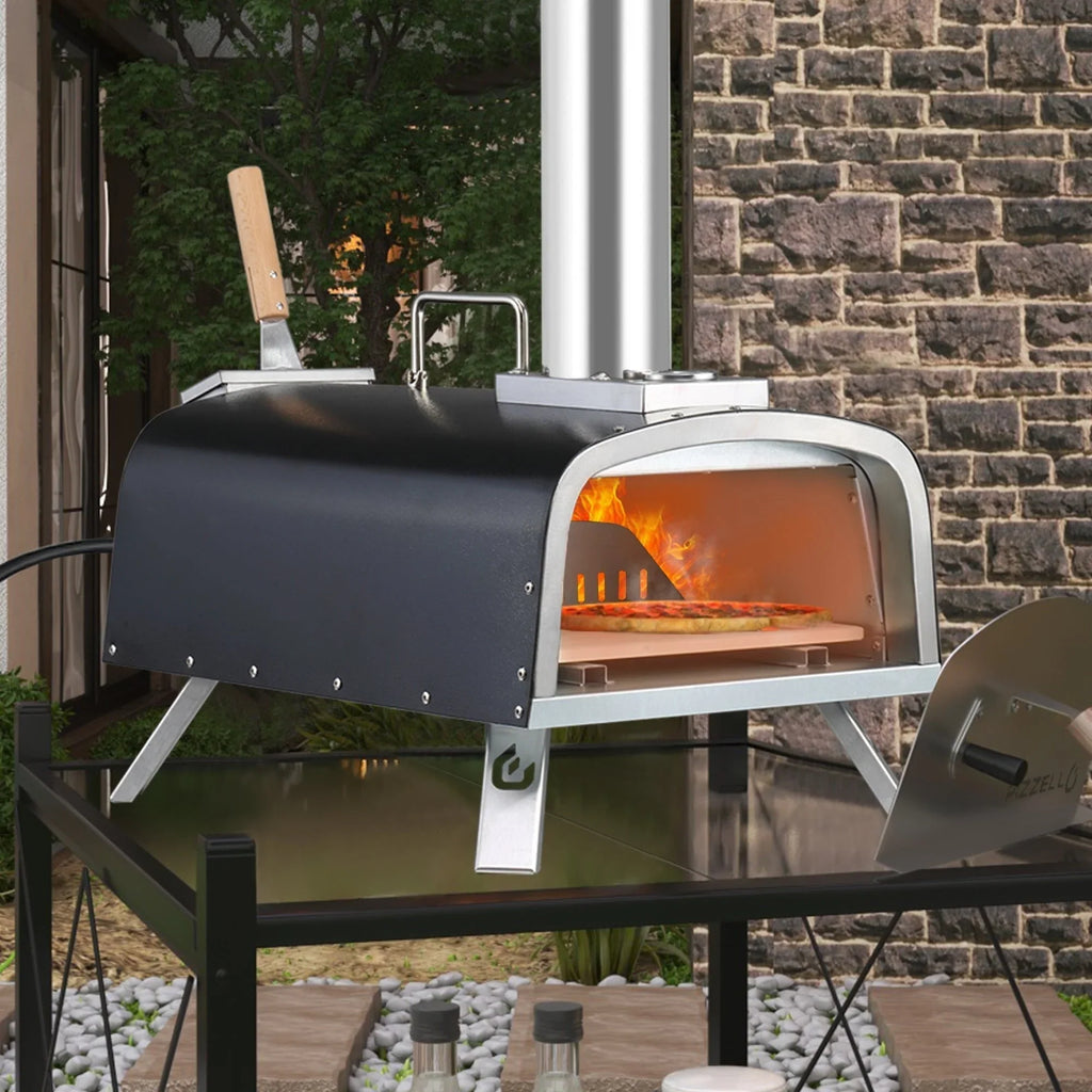 Multi-Brennstoff Outdoor Pizzaofen Steinbackofen mit Gasbrenner & Holzfach - 30 cm