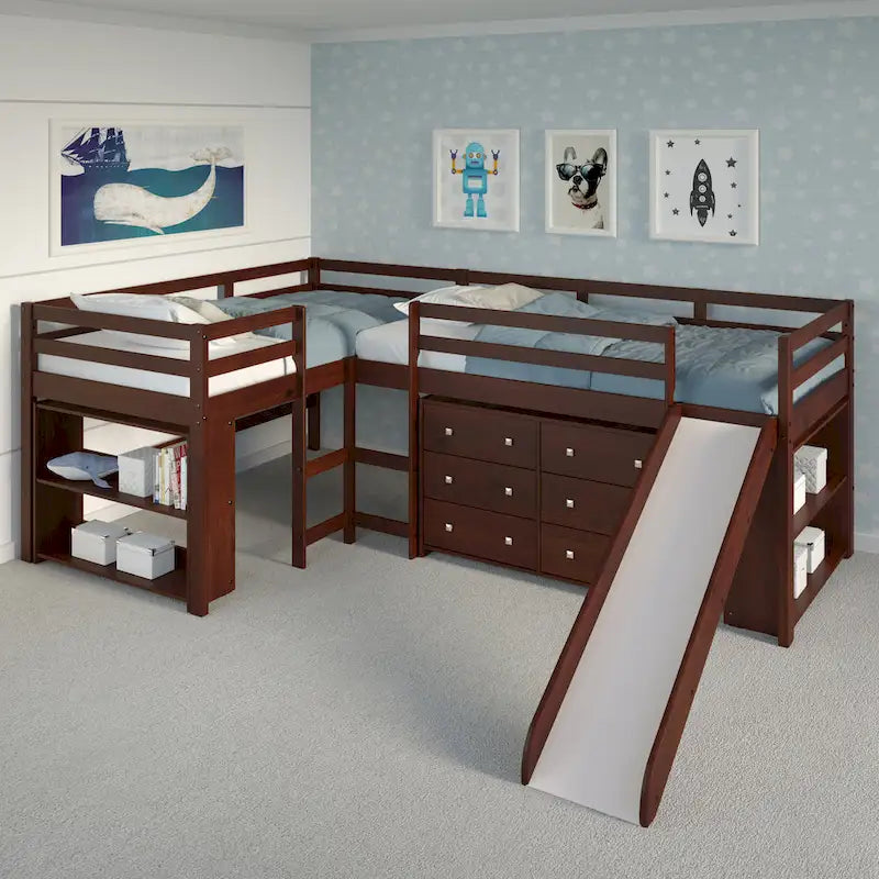 Doppeltes L-förmiges Etagenbett mit Rutsche und Schlafzimmermöbel-Set in dunklem Cappuccino